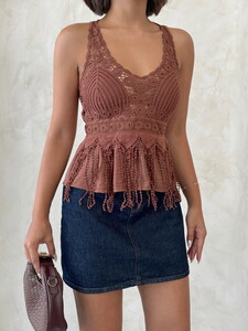 D 2892 Dantel Detaylı Askılı Bluz- KAHVE #4