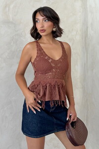 D 2892 Dantel Detaylı Askılı Bluz- KAHVE #1