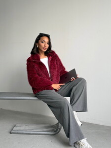 Yapay Kürk Kadın Ceket – Fermuarlı, Yumuşak Dokulu Modern Kışlık Mont - BORDO #3