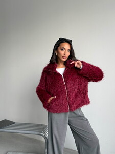 Yapay Kürk Kadın Ceket – Fermuarlı, Yumuşak Dokulu Modern Kışlık Mont - BORDO #2