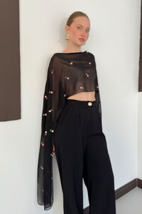 D 3137 NAKIŞLI ŞİFON PELERİN BLUZ - SİYAH PUDRA
