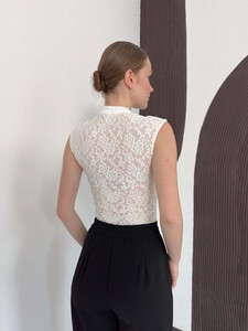 D 2997 KOLSUZ DANTEL BLUZ - KREM #5