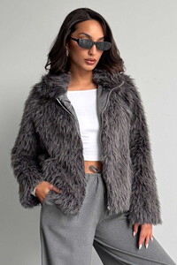 Yapay Kürk Kadın Ceket – Fermuarlı, Yumuşak Dokulu Modern Kışlık Mont - GRİ