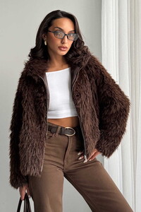 Yapay Kürk Kadın Ceket – Fermuarlı, Yumuşak Dokulu Modern Kışlık Mont - KOYU KAHVE #1