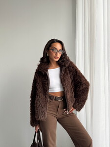 Yapay Kürk Kadın Ceket – Fermuarlı, Yumuşak Dokulu Modern Kışlık Mont - KOYU KAHVE #3