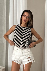 Topshow Ham Siyah Kolsuz Zebra Desen Tiğişi Toptan Bluz #1