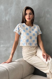 Topshow Ham Mavi Kısa Kollu Dama Desen Tığ İşi Toptan Bluz