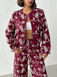 Floral Embroidered Zippered Jacket - Burgundy | Topshow #4