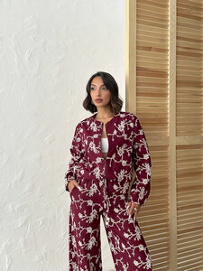 Floral Embroidered Zippered Jacket - Burgundy | Topshow #3