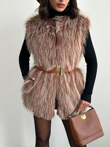  Yapay Kürk Kadın Toptan Yelek – Yumuşak Dokulu - AÇIK KAHVE #4