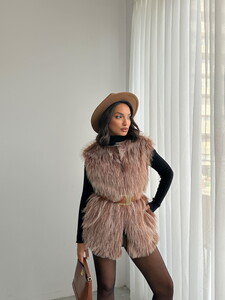  Yapay Kürk Kadın Toptan Yelek – Yumuşak Dokulu - AÇIK KAHVE #3