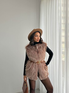  Yapay Kürk Kadın Toptan Yelek – Yumuşak Dokulu - AÇIK KAHVE #2