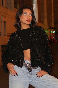 Topshow Payetli Oversize Kadın Ceket – Fermuarlı Işıltılı Şık Üst - Siyah | F2026