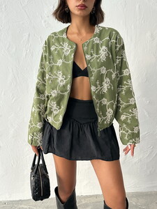 Floral Embroidered Zippered Jacket - Khaki | Topshow #4