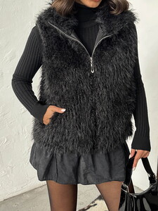 Yapay Kürk Kadın Toptan Yelek – Fermuarlı, Yumuşak Dokulu- SİYAH #3