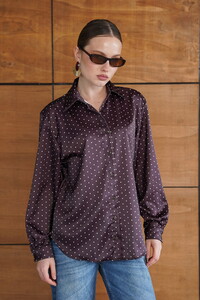 F 2076 PUANTİYELİ SATEN GÖMLEK - KAHVE #1