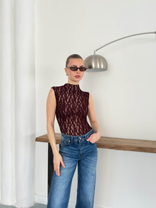 Sıfır Kol Dantel Bluz - Bordo | Topshow #2