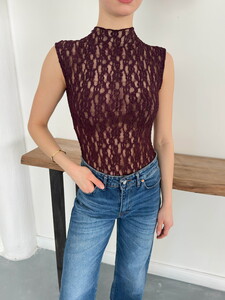 Sıfır Kol Dantel Bluz - Bordo | Topshow #4