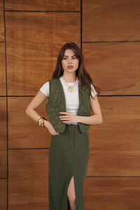 Topshow - Wholesale Ribbed Velvet Embroidered Vest - Khaki #2