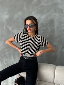 Topshow Ham Siyah Kısa Kollu Zebra Desen Tığ İşi Toptan Bluz #3