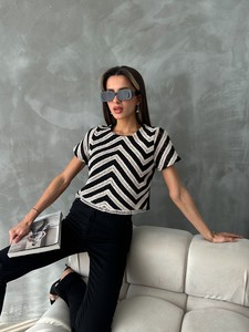 Topshow Ham Siyah Kısa Kollu Zebra Desen Tığ İşi Toptan Bluz #2