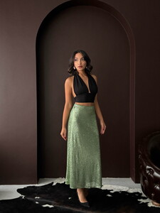 Topshow Haki Payetli Uzun Etek - Yüksek Bel, Şık Gece Elbisesi Kombini #2