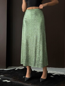 Topshow Haki Payetli Uzun Etek - Yüksek Bel, Şık Gece Elbisesi Kombini #4