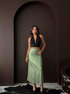 Topshow Haki Payetli Uzun Etek - Yüksek Bel, Şık Gece Elbisesi Kombini #3