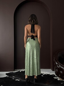 Topshow Haki Payetli Uzun Etek - Yüksek Bel, Şık Gece Elbisesi Kombini #5