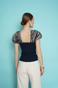 D 2994 OMUZ DANTEL DETAYLI KAYIK YAKA BLUZ - LACİVERT #5