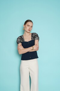 D 2994 OMUZ DANTEL DETAYLI KAYIK YAKA BLUZ - LACİVERT #3