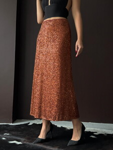 Topshow Kahve Payetli Uzun Etek - Yüksek Bel, Şık Gece Elbisesi Kombini #4