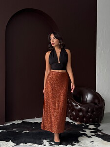 Topshow Kahve Payetli Uzun Etek - Yüksek Bel, Şık Gece Elbisesi Kombini #3