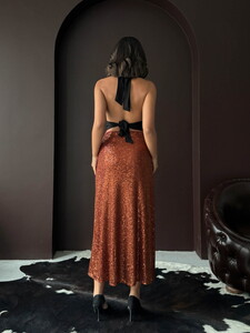 Topshow Kahve Payetli Uzun Etek - Yüksek Bel, Şık Gece Elbisesi Kombini #5