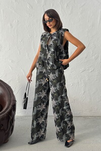 F 2008 NAKIŞLI KETEN PANTOLON - SİYAH