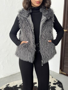 Yapay Kürk Kadın Toptan Yelek – Fermuarlı, Yumuşak Dokulu - GRİ #3