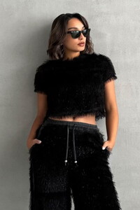 Topshow Siyah simli Saçaklı Toptan Bluz