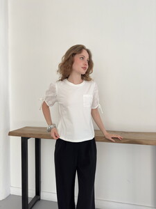 D 3111 BALON KOL NAKIŞLI CEPLİ T-SHIRT - KREM #4