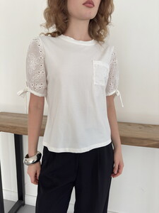 D 3111 BALON KOL NAKIŞLI CEPLİ T-SHIRT - KREM #3