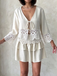 Dantel Detaylı Önden Bağlamalı Ceket - Taş | Topshow | F1946 #2