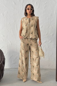 F 2008 NAKIŞLI KETEN PANTOLON - KAHVE