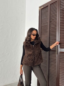 Yapay Kürk Kadın Toptan Yelek – Fermuarlı, Yumuşak Dokulu- KOYU KAHVE #2