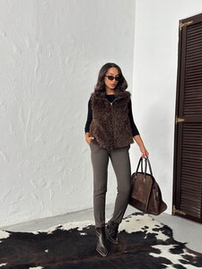 Yapay Kürk Kadın Toptan Yelek – Fermuarlı, Yumuşak Dokulu- KOYU KAHVE #3