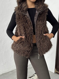 Yapay Kürk Kadın Toptan Yelek – Fermuarlı, Yumuşak Dokulu- KOYU KAHVE #4