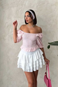 Topshow Pembe Kayık Yaka Omuzu Fırfırlı Gipeli Toptan Bluz