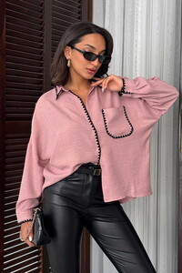 Topshow Pudra Siyah Nakışlı Cepli Keten Toptan Gömlek #1