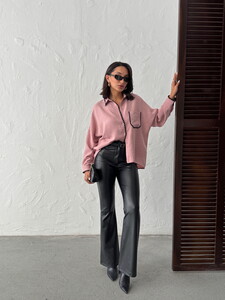 Topshow Pudra Siyah Nakışlı Cepli Keten Toptan Gömlek #2