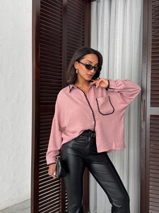 Topshow Pudra Siyah Nakışlı Cepli Keten Toptan Gömlek #3