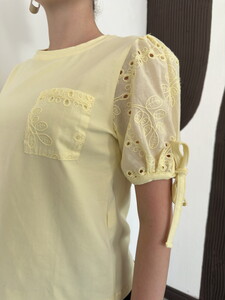 D 3111 BALON KOL NAKIŞLI CEPLİ T-SHIRT - SARI #4