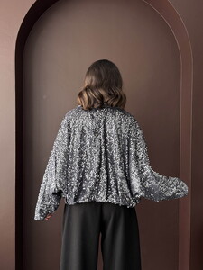 Payetli Oversize Kadın Ceket – Fermuarlı Işıltılı Şık Üst - Siyah Gümüş #5